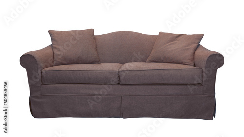 Brown sofa with two pillows isolated on white, transparent background, PNG. Classic english style two seater cushion couch with upholstery cover, front view