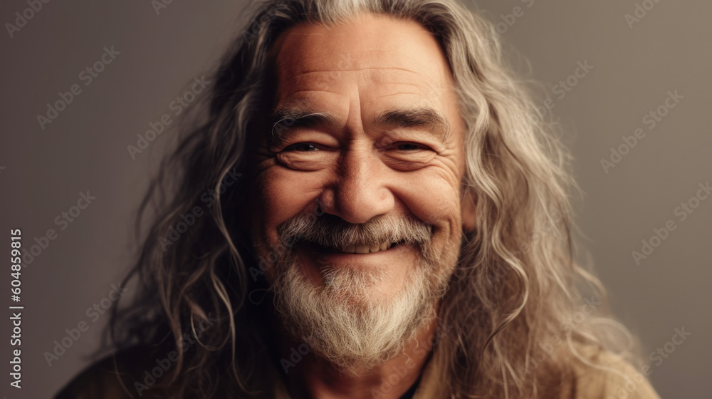 A stylish senior man in neutral attire smiles in a beige studio setting. Generative AI A stylish senior man in neutral attire smiles in a beige studio setting. Generative AI