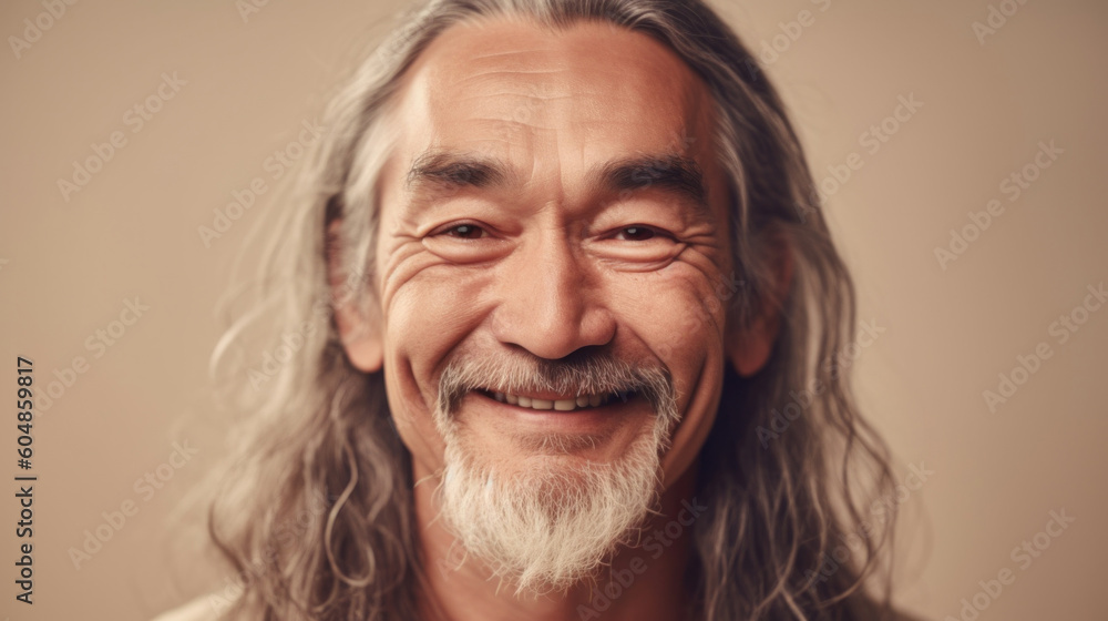 An Asian senior man in neutral clothes brightens up the beige studio with his smile. Generative AI An Asian senior man in neutral clothes brightens up the beige studio with his smile. Generative AI