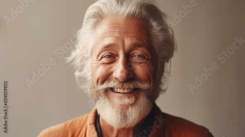 A senior man poses happily in neutral clothes in a beige studio. Generative AI photo