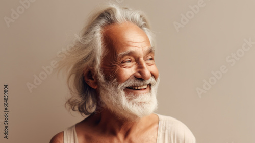 A smiling senior man poses in neutral clothes in a beige studio setting. Generative AI