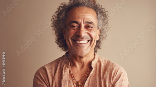 A happy senior man in neutral clothes poses in a beige studio. Generative AI