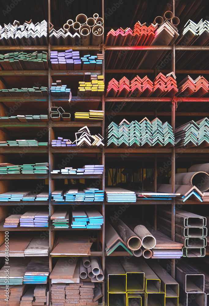 Various shape of many different steel bars and tubes for sale on storage shelf of building supply store Various shape of many different steel bars and tubes for sale on storage shelf of building supply store