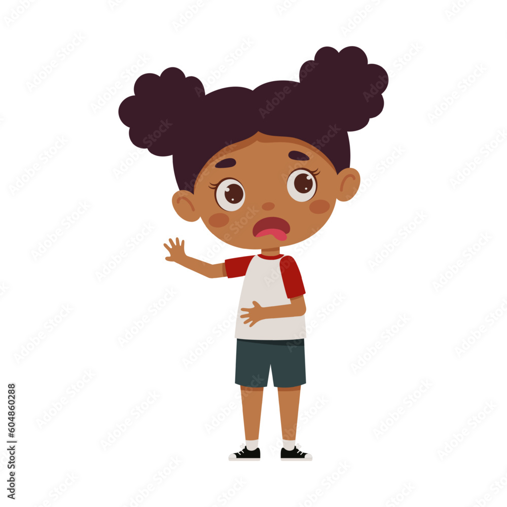Cute little kid girl feeling disgusted. Cartoon schoolgirl character show facial expression. Vector illustration Cute little kid girl feeling disgusted. Cartoon schoolgirl character show facial expression. Vector illustration