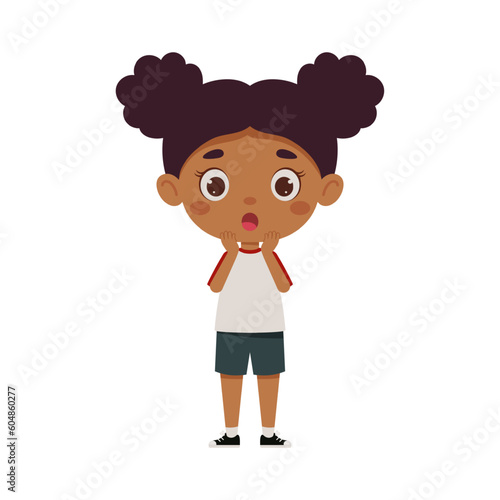 Cute cartoon little scary girl. Little schoolgirl character show facial expression. Vector illustration