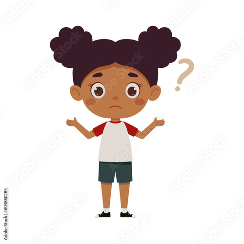 Cute little kid girl confused with question mark. Cartoon schoolgirl character show facial expression. Vector illustration