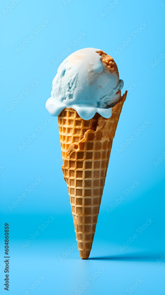 Generative AI, ice cream in a waffle on blue background 