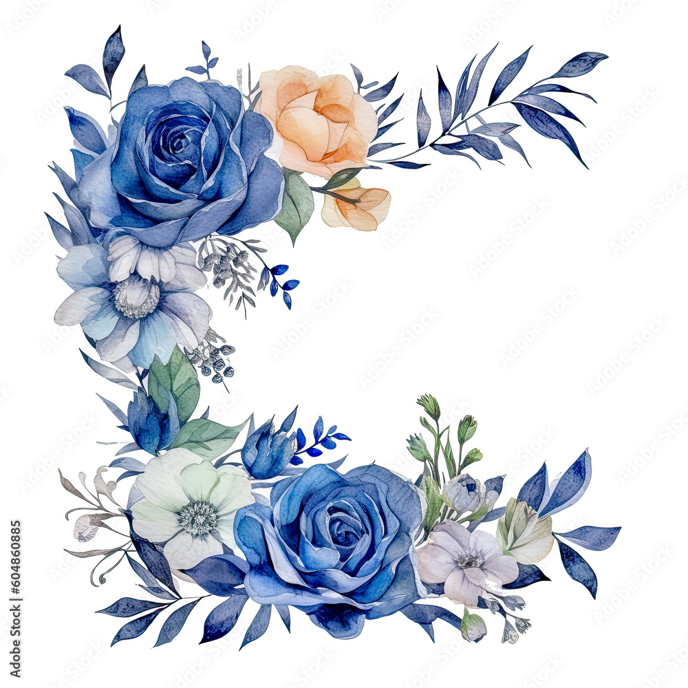 Watercolor Navy Floral Border Clipart with Transparent Background ...