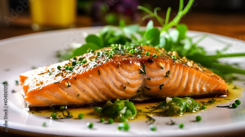 Generative AI, Baked salmon with green herbs served on white plate