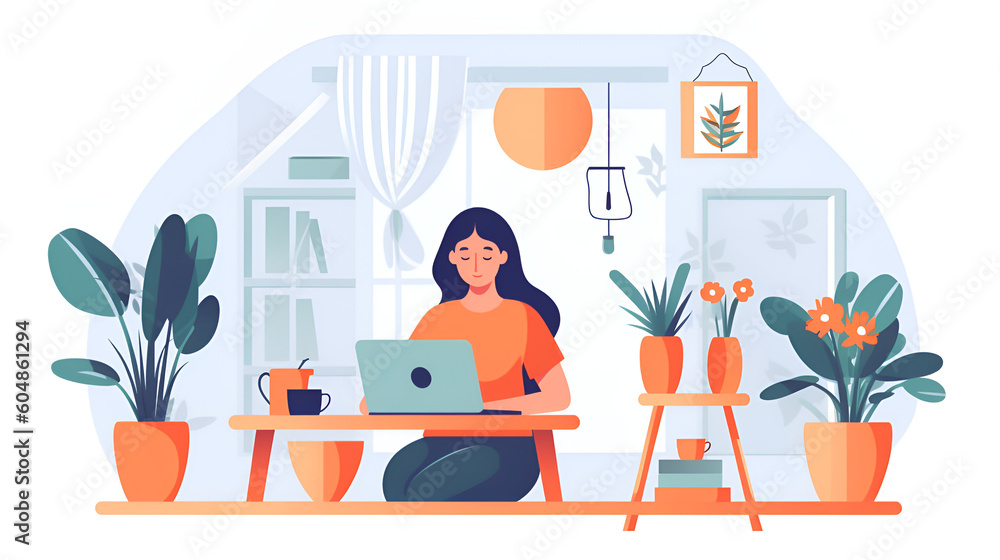 Fototapeta premium Generative AI, woman works behind a laptop home office