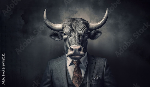 An image of a bull wearing a suit and tie, an elegant animal representing a businessman. Generative AI
