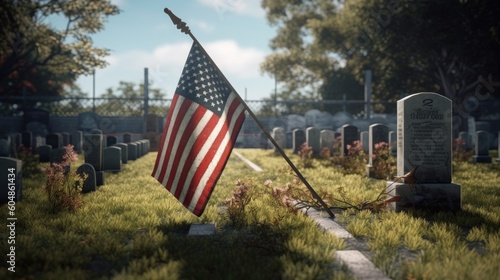 American flag in red, white, and blue over a cemetery, ideal for honoring the fallen for the country. Generative AI