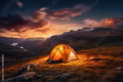 Tent for Mountain Adventure Overnight Stay with Splendid Views, Generative AI