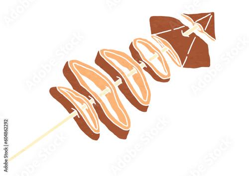 カットされたイカ焼きのイラスト（版画風）