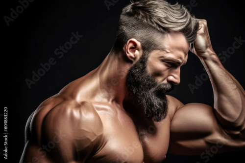 In a studio, a brutal muscular bearded man stands tall. His imposing physique, brought to life by the trim lights, shadows highlighting every sinew. Posing and showing his build. Generative AI