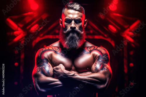 In a studio, a brutal muscular bearded man stands tall. His imposing physique, brought to life by the trim lights, shadows highlighting every sinew. Posing and showing his build. Generative AI © neo