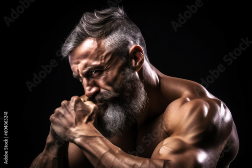 In a studio, a brutal muscular bearded man stands tall. His imposing physique, brought to life by the trim lights, shadows highlighting every sinew. Posing and showing his build. Generative AI
