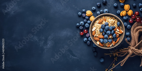 Healthy breakfast in a blue bowl. Oatmeal with blueberries and nut mix. Healthy food concept. Top view  side view. Space for text. 