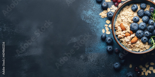 Healthy breakfast in a blue bowl. Oatmeal with blueberries and nut mix. Healthy food concept. Top view, side view. Space for text. 