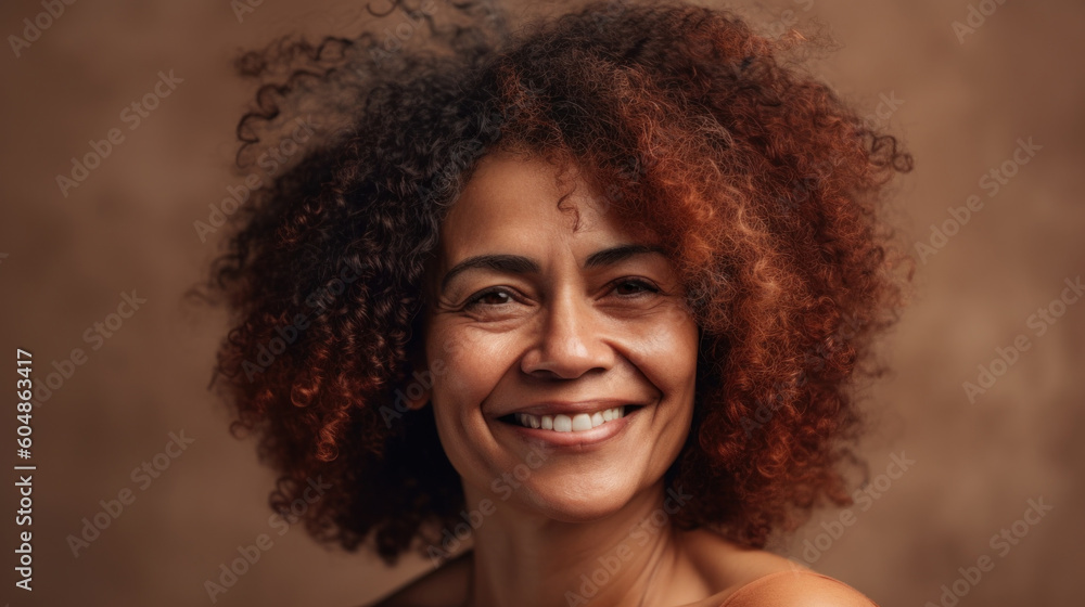 A senior woman in neutral clothes brings joy to the beige studio with her smile. Generative AI A senior woman in neutral clothes brings joy to the beige studio with her smile. Generative AI