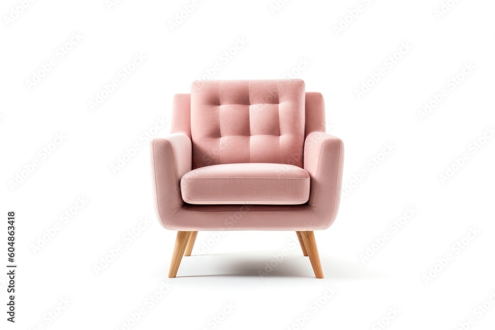 Obraz premium Front View Blush Pink Mid Century Modern Armchair On White Background. Generative AI