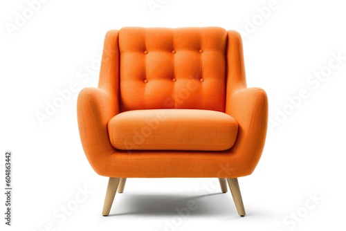 Front View Tangerine Mid Century Modern Armchair On White Background. Generative AI