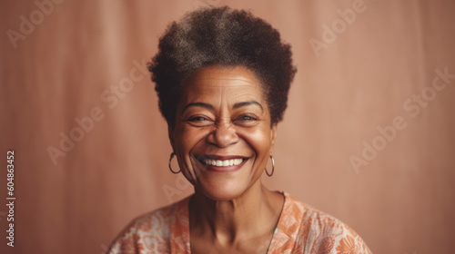 A happy afro senior woman in neutral clothes smiles in a beige studio. Generative AI