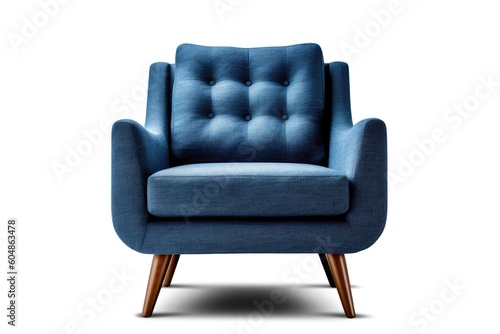 Front View Navy Blue Mid Century Modern Armchair On White Background. Generative AI photo