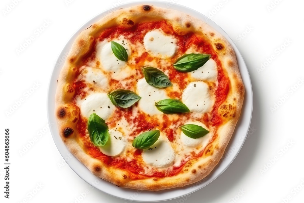 Top View Pizza Margherita On White Round Plate On White Background. Generative AI