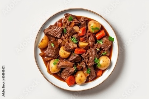 Top View Beef Bourguignon On White Round Plate On White Background. Generative AI
