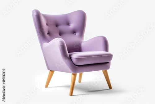 Threequarter View Lilac Mid Century Modern Armchair On White Background. Generative AI