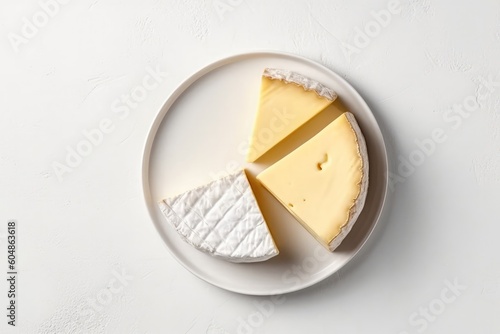 Top View Brie De Meaux On White Round Plate On White Background. Generative AI photo