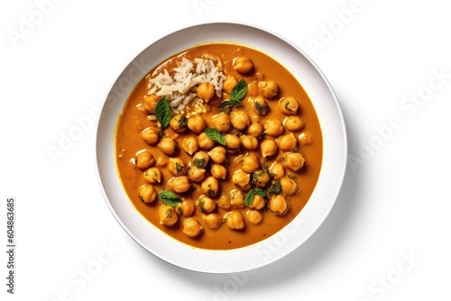 Top View Vegan Chickpea Coconut Curry On White Round Plate On White Background. Generative AI