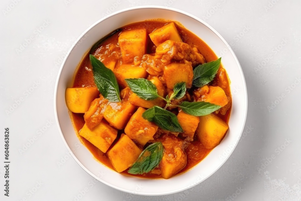 Top View Vegan Sweet Potato Curry On White Round Plate On White Background. Generative AI
