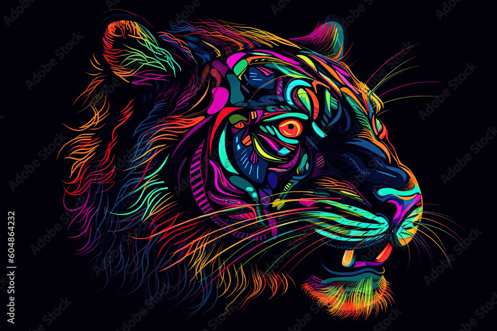 illustration of an abstract, neon growling tiger in pop art style on a black background. Generative AI