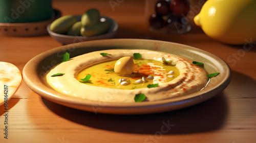 plate of hummus, photo realistic, high quality, 8k resolution, ultra detailed, generative AI 