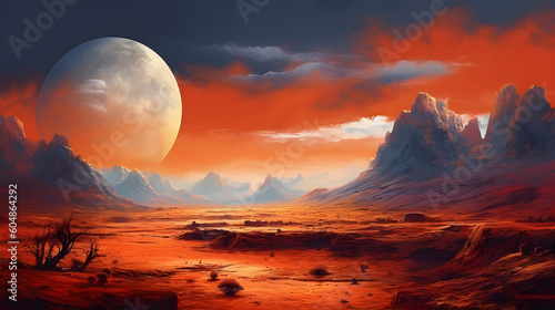 wast red desert  clouds and moutains on horizont  moon  bright colors  bright clouds  generative AI 