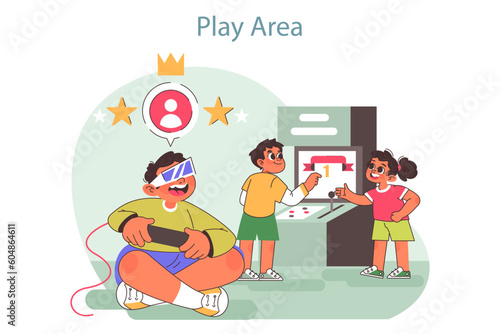 Tech camp for children. Children playing video games on summer vacation.
