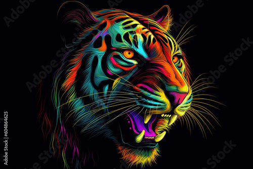 illustration of an abstract  neon tiger in pop art style on a black background. Generative AI