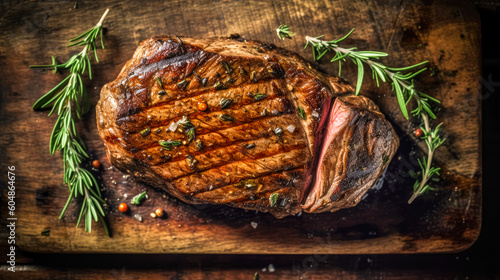 Top down view of sliced steak ribeye, grilled with spices served on cutting board. Gourmet food. Generative AI