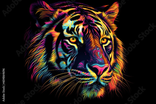 illustration of an abstract, neon tiger in pop art style on a black background. Generative AI