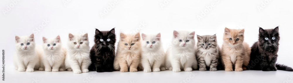 Many Cats Sitting A Whitte Banner Background. Generative AI