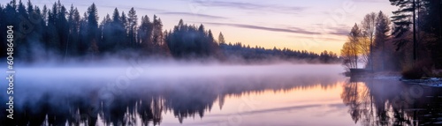 Dense Fog Enveloping A Tranquil Lake At Dawn Banner Background. Generative AI