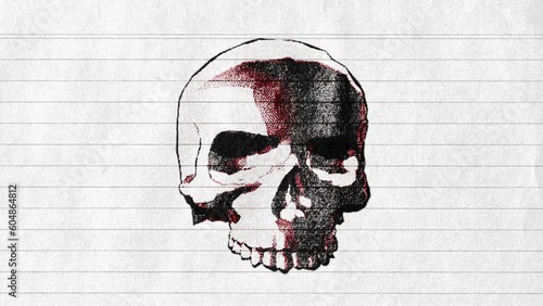 Spinning skull, doodle-style 2D animation on lined paper, cel-shaded stylised rubber-stamp print textured drawn artwork. Looping clip for music video edits, halloween, VJ etc.
