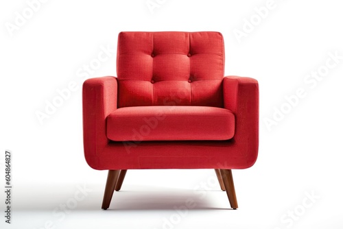 Front View Ruby Red Mid Century Modern Armchair White. Generative AI