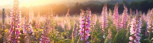 Foxgloves Field Blurred Sunrise Banner Background. Generative AI