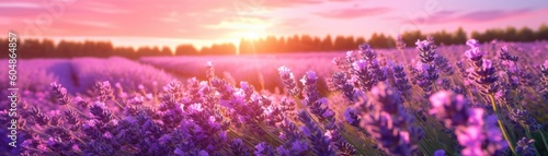 Lavenders Field Blurred Sunrise Banner Background. Generative AI