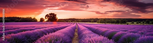 Lavender Field With A Blurred Sunset Backdrop Banner Background. Generative AI
