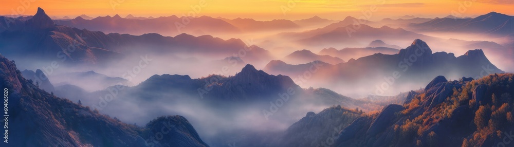 Misty Mountains With A Dreamy Sunrise Glow Banner Background. Generative AI