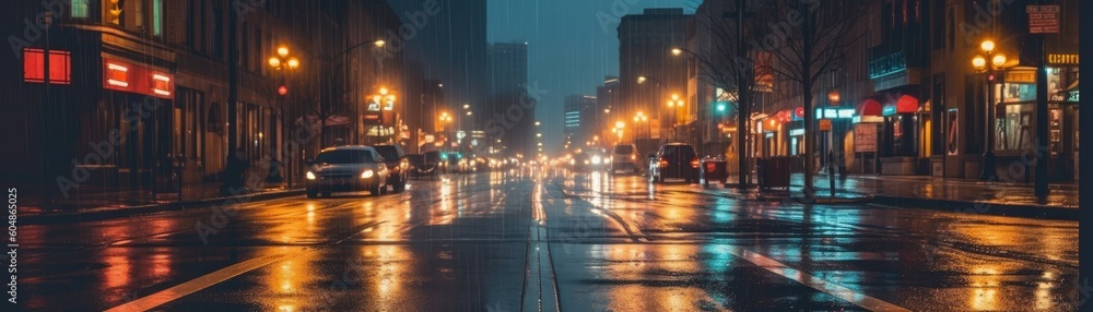 Rainsoaked City Street With Glowing Streetlights In The Banner Background. Generative AI